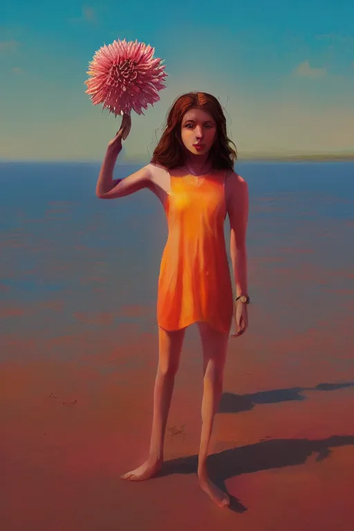 Image similar to closeup giant dahlia flower head, girl standing on beach, surreal photography, blue sky, sunrise, dramatic light, impressionist painting, digital painting, artstation, simon stalenhag