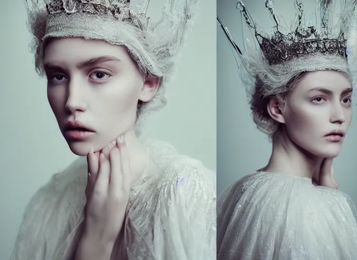 Prompt: a stupid head with highly detailed realistic diged nails like a crown, in style of paolo roversi, britt marling style 3 / 4, a beautiful ethereal lace white robe, 8 k, soft focus, soft light, volumetric lighting, highly detailed realistic, refined, highly detailed, natural outdoor soft pastel lighting colors scheme