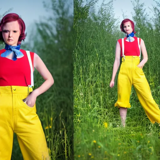 Image similar to misty from pokemon, wearing a yellow crop top and blue denim shorts with red suspenders on top, standing in a field, by gottfried helnwein, dslr full body portrait, sigma 8 5 mm f / 1. 8