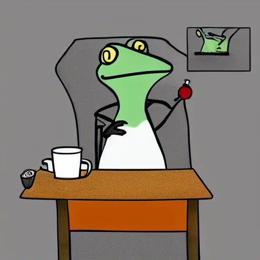 Prompt: cartoon frog drinking coffee at a small table, trend in artstation, digital art