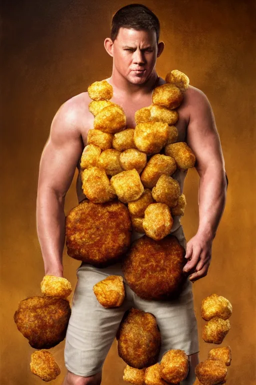 Image similar to channing tatum in a tater tot costume, oil on canvas, intricate, 8 k highly professionally detailed, hdr, cgsociety