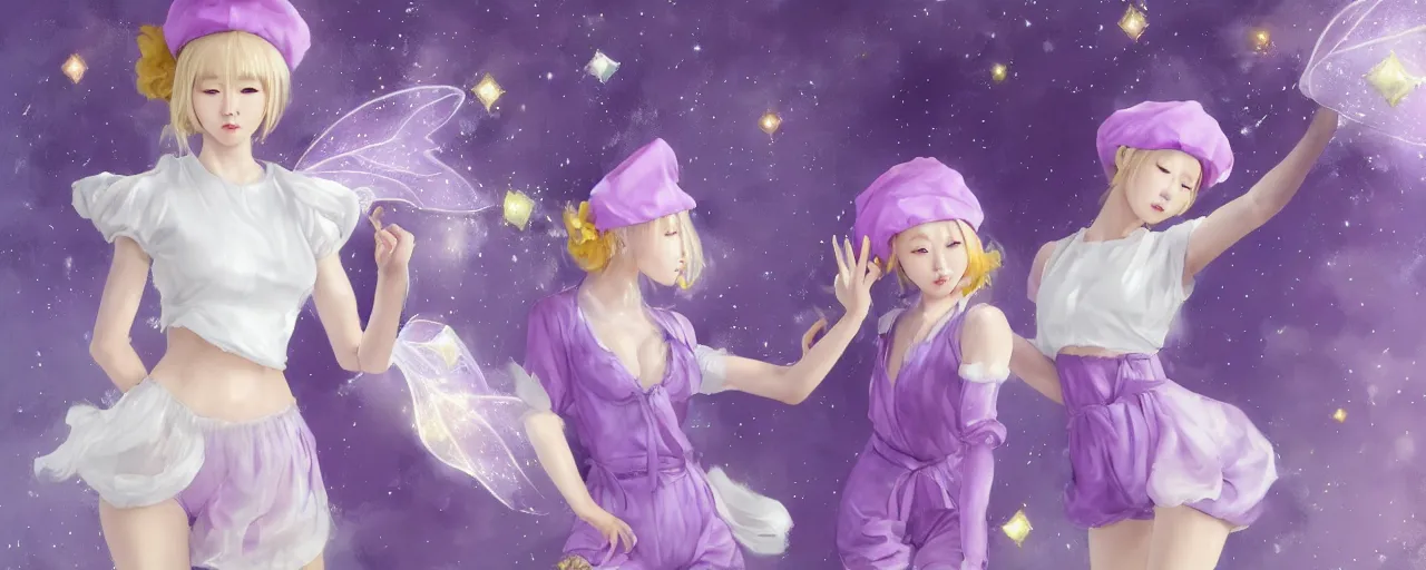 Image similar to Full View of a mysterious kpop fairy maidens with short blond hair wearing an oversized purple Beret, Baggy Purple overall shorts, Short Puffy pants made of silk, silk shoes, a big billowy scarf, Golden Ribbons, white leggings Covered in stars. Short Hair. peasant magic. masterpiece 4k digital illustration by Ruan Jia and Mandy Jurgens and Artgerm and william-adolphe bouguereau, award winning, Artstation, art nouveau aesthetic, Alphonse Mucha background, intricate details, realistic, panoramic view, Hyperdetailed, 8k resolution, intricate art nouveau, smooth, sharp focus