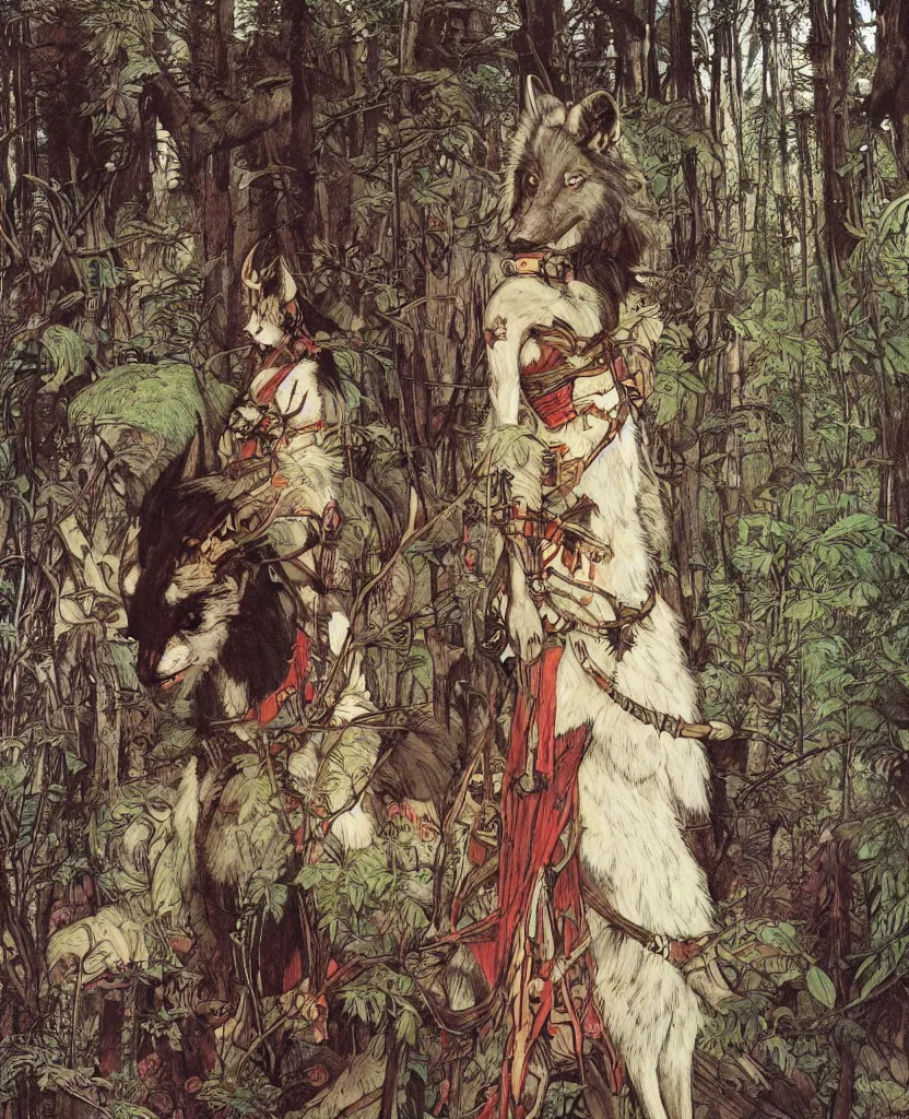 Image similar to portrait of Princess Mononoke, wolves, fully clothed in armor, lush forest, neon, concept art, schematics, painted by norman rockwell, mucha, james gurney, high detail, denoised, sharp, architectural