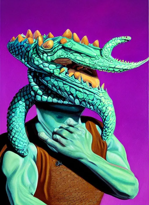 Image similar to oil painting portrait of a cowboy lizard person, a gorn from star trek, a snake oil salesman wearing a blonde wig in a movie poster for a movie called gorn on the bull horn girl, purple green color scheme