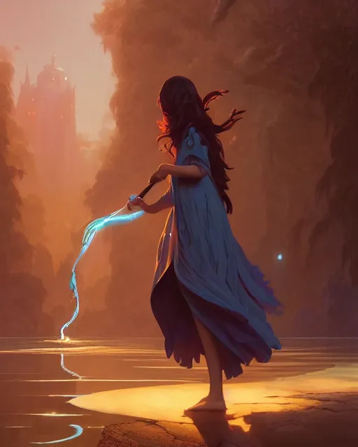 Image similar to highly detailed vfx portrait of a mage casting a water spell, unreal engine, greg rutkowski, loish, rhads, beeple, makoto shinkai and lois van baarle, ilya kuvshinov, rossdraws, tom bagshaw, alphonse mucha, global illumination, detailed and intricate environment