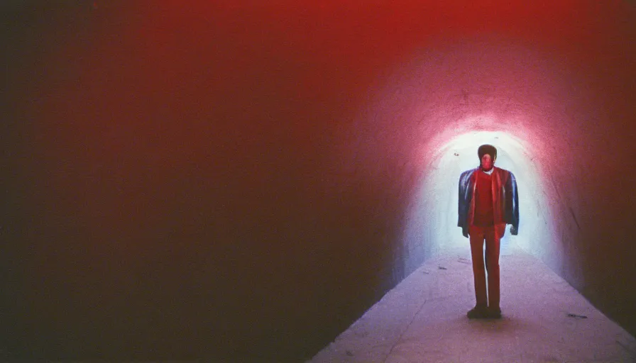 Image similar to 1 9 7 0 s movie still of a man in a bloodtunnel, cinestill 8 0 0 t