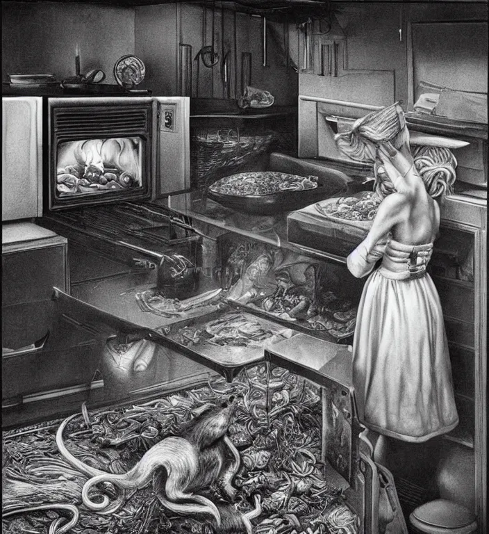 Prompt: black and white photo of a beauty woman puts a big rat in the oven 90s by Laurie Lipton, high detailed, realistic,dark surrealism, hyper detailed