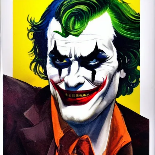 Image similar to photorealistic picture, comic cover by bob peak and alex ross about joaquin phoenix joker, gouache and wash paints, fine details, fine intricate, fine facial proportionate, fine body proportionate, smooth sharp focus, sharp focus