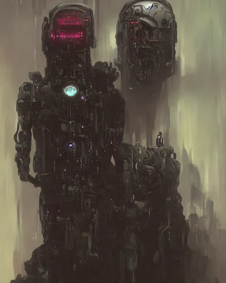 Prompt: a haunting ominous painting of a horrifying but beautiful cybernetic ghost in the style of brom, cyberpunk, artstation