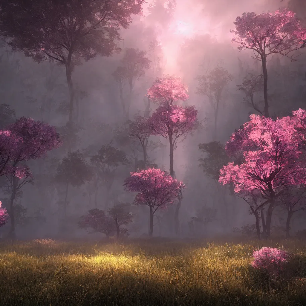 Image similar to fantasy with earth forest and meadow magic, at gentle dawn pink light, cinematic lighting, volumetric lighting, smooth, sharp focus, highly detailed, render in unreal engine 5, artstation, deviantart, behance, trending,, epic composition, hd, octane, unreal engine, volumetric lighting, light rays, masterpiece, award - winning