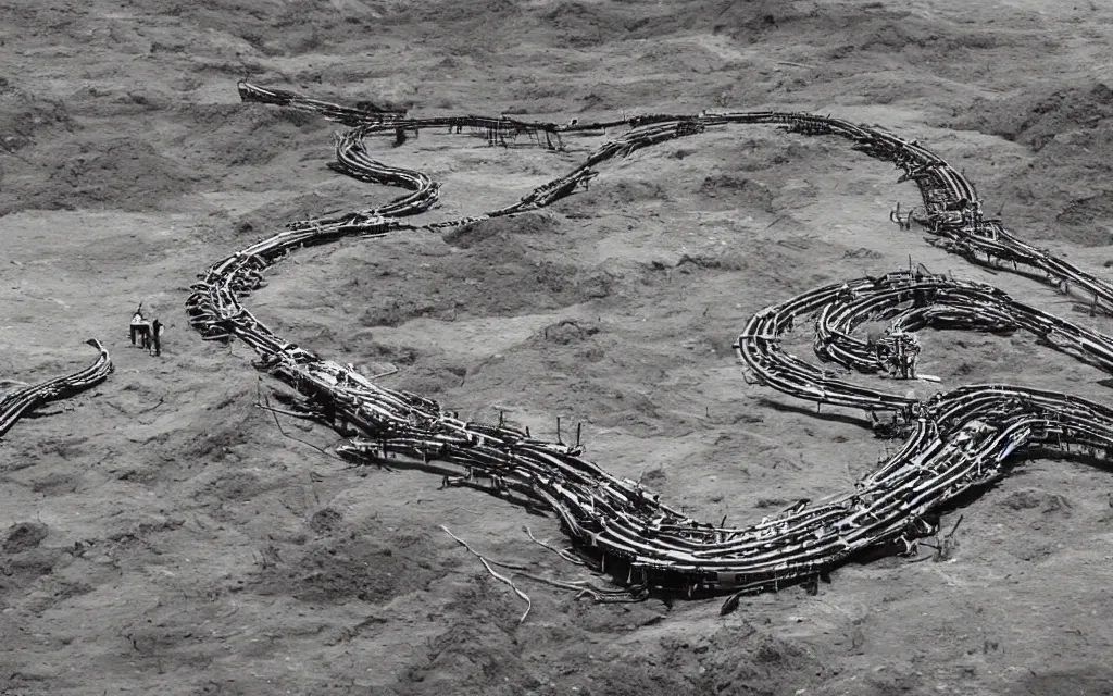 Image similar to gigantic robotic centipede travelling across a broken landscape