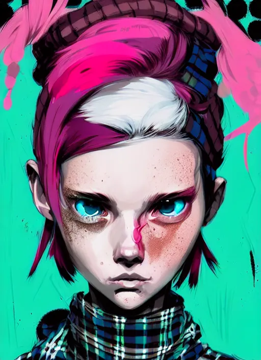 Image similar to highly detailed portrait of a sewer punk lady student, blue eyes, freckles, tartan hoody, pink hair by atey ghailan, by greg rutkowski, by greg tocchini, by james gilleard, by joe fenton, by kaethe butcher, gradient green, black, brown and magenta color scheme, grunge aesthetic!!! ( ( graffiti tag wall background ) )