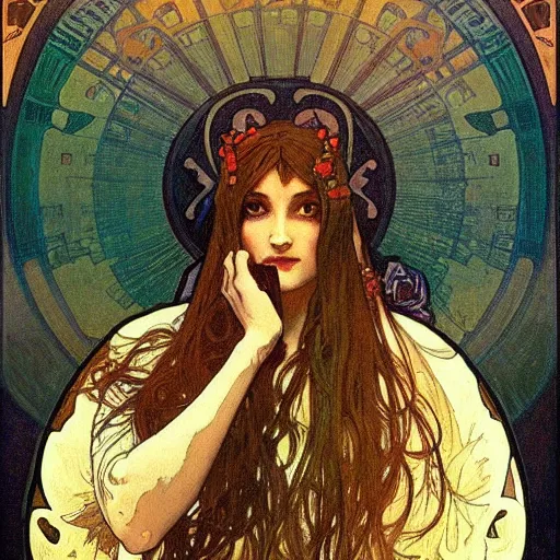 Prompt: mysterious figure, Alphonse Mucha, james jean