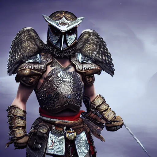 Image similar to warrior with owl themed armour, highly detailed, 4k, HDR, smooth, sharp focus, hyper realistic, high resolution