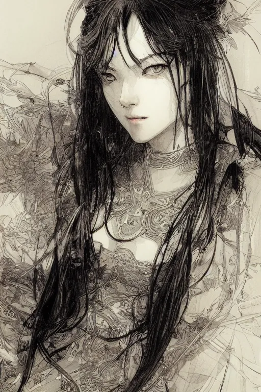 Image similar to portrait of anime woman, pen and ink, intricate line drawings, by craig mullins, ruan jia, kentaro miura, greg rutkowski