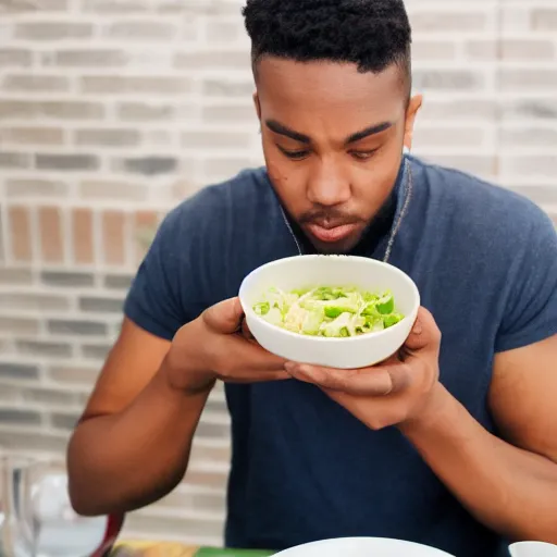 Image similar to young man eating cabbage soup