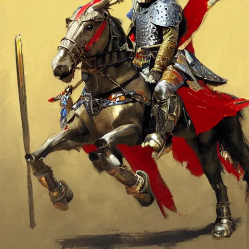 Image similar to mel gibson as rider with couched jousting lance, medieval helmet, colorful caparisons, chainmail, detailed by greg manchess, craig mullins, bernie fuchs, walter everett