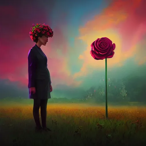 Image similar to giant rose flower head, frontal, girl in a suit, surreal photography, sunrise, dramatic light, impressionist painting, digital painting, artstation, simon stalenhag