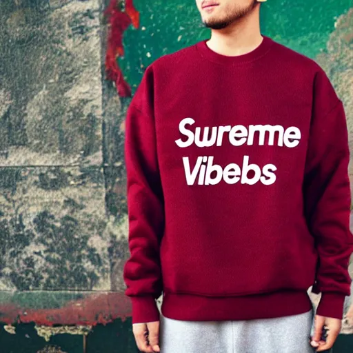 Prompt: a supreme sweater but it says vibes, hyperrealistic