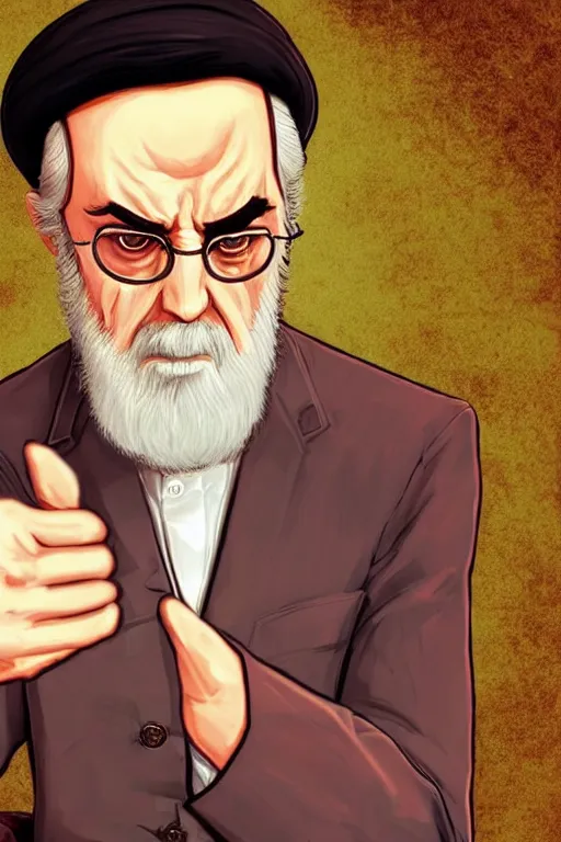 Image similar to angry ali khamenei, with pointing finger, delete duplicating content, parallel content, hyperrealistic anatomy content, violet polsangi pop art, gta chinatown wars art style, extreme quality masterpiece, bioshock infinite art style, incrinate, 2 color, white frame, content balance proportion