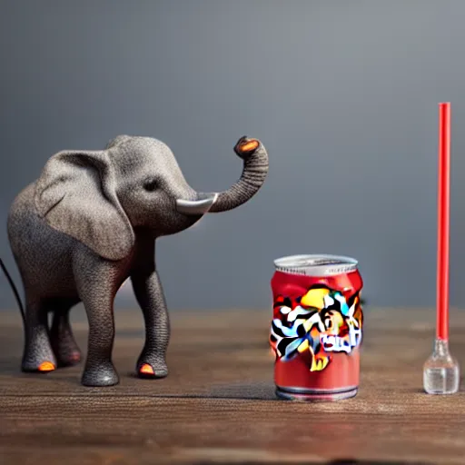 Image similar to product photography, a can of red bull on a table, an elephant is behind drinking the red bull through a straw