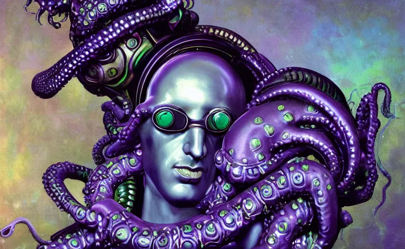 Prompt: baroque neoclassicist close - up portrait of an alien naval admiral wearing an iridescent retrofuturistic octopus mask, underwater background. iridescent silver butterflies. deep green and purple. highly detailed science fiction painting by norman rockwell, frank frazetta, and syd mead. rich colors, high contrast, gloomy atmosphere. trending on artstation and behance.