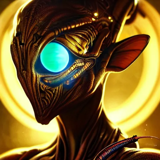 Image similar to hyper advanced alien evolved from a locust, sci fi, glowing eyes, volumetric lights, gold theme, art nouveau botanicals, intricate, highly detailed, digital painting, artstation, concept art, smooth, sharp focus, cinematic, illustration, beautiful face, art by artgerm and greg rutkowski and alphonse mucha