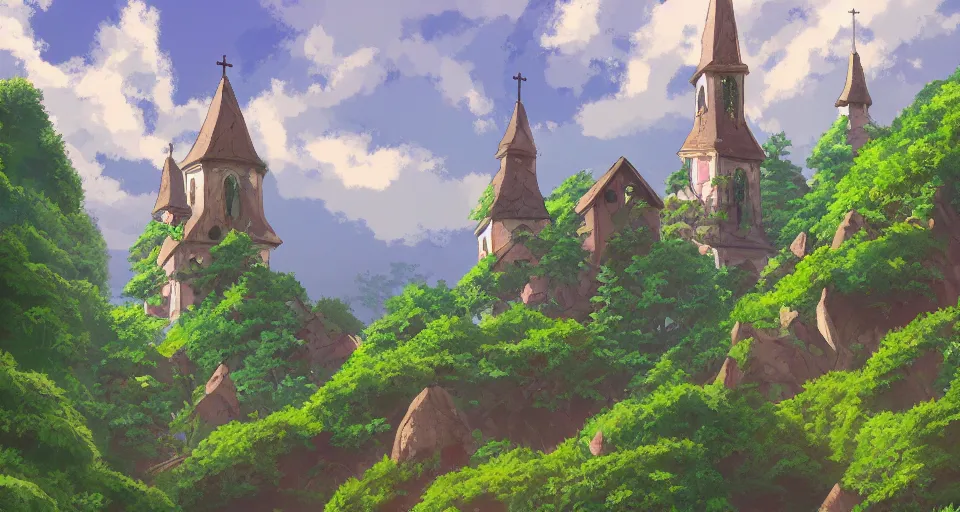 Image similar to view of a catholic church on a forested mountain, in the style of studio ghibli, distant, detailed, artstation, award winning painting,