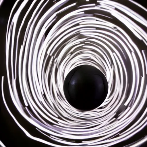 Image similar to rigorous fresco by genndy tartakovsky. a beautiful kinetic sculpture of a black hole. this hole appears to be a portal to another dimension or reality, & it is emitting a bright, white light. there are also stars & other celestial objects around it.