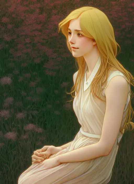 Image similar to pretty young man with shoulder length shiny shimmering golden blond hair, head down, demure, shy, path traced, highly detailed, high quality, digital painting, by studio ghibli and alphonse mucha, leesha hannigan, disney