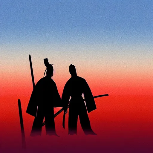 Prompt: silhouette of a samurai facing off against the predator in a surreal sunset landscape