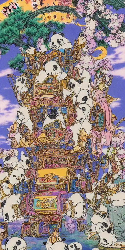 Image similar to a mystical chariot drawn by pandas in japan, 1990s anime, full color, tarot card the chariot,