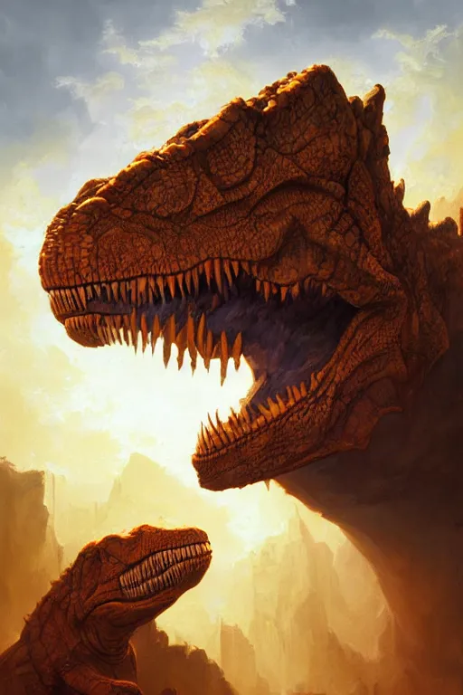 Prompt: portrait of t-rex by Peter Mohrbacher and Peter Gric, volumetric lighting, good composition, trending on artstation, polarizer filter, in the golden hour