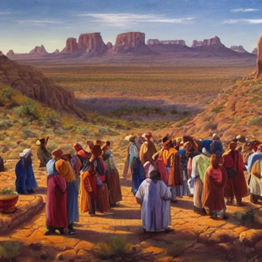 Image similar to Oil painting of a crowd of pilgrims standing on the rim of an enormous pottery bowl in the Arizona desert