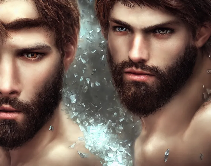 Prompt: male human face with crystal shards, realistic red eyes, brown hair, brown beard, beautiful graphics, fantasy artwork, very beautiful scenery, hd, hdr, ue 5, ue 6, unreal engine 5, cinematic 4 k wallpaper, 8 k, ultra detailed, by popular digital, details, beautiful image ever created, high resolution, artstation, award winning