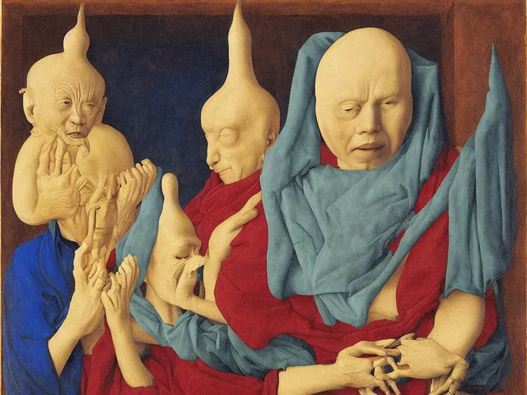 Prompt: Portrait of albino mystic with blue eyes, with Buddhist monk. Painting by Jan van Eyck, Audubon, Rene Magritte, Agnes Pelton, Max Ernst, Walton Ford