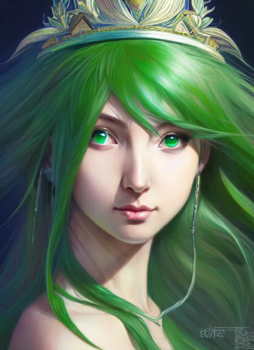 Prompt: portrait from left, head and body only, palutena, green hair, concept art, digital illustration, by rossdraws, frank franzzeta, intricate, masterpiece, elegant, hyper detailed, artstation, unreal engine rendered, concept art, smooth, sharp focus, illustration, art by artgerm and greg rutkowski and alphonse mucha and garis edelweiss