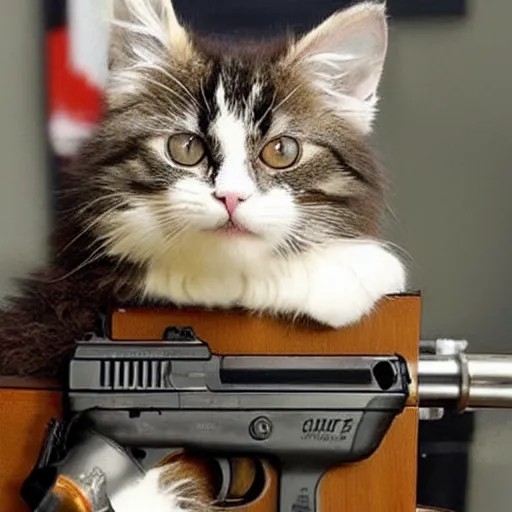 Image similar to cute fluffy cat with lots of guns