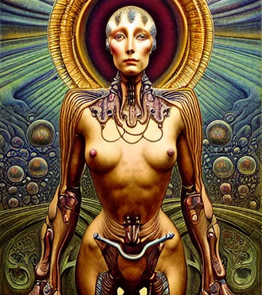 Image similar to detailed realistic beautiful young cher alien robot as queen of mars portrait by jean delville, gustave dore and marco mazzoni, art nouveau, symbolist, visionary, fractal baroque. horizontal symmetry by zdzisław beksinski, iris van herpen, raymond swanland and alphonse mucha. highly detailed, hyper - real, beautiful