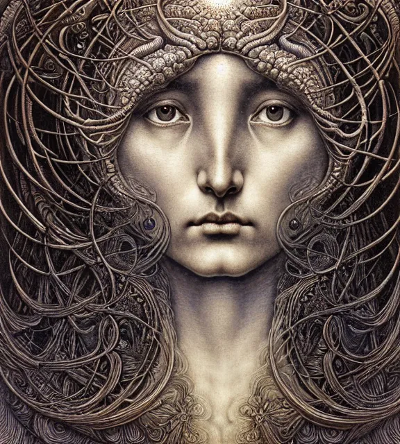 Image similar to detailed realistic beautiful moon goddess face portrait by jean delville, gustave dore, iris van herpen and marco mazzoni, art forms of nature by ernst haeckel, art nouveau, symbolist, visionary, gothic, neo - gothic, pre - raphaelite, fractal lace, intricate alien botanicals, ai biodiversity, surreality, hyperdetailed ultrasharp octane render