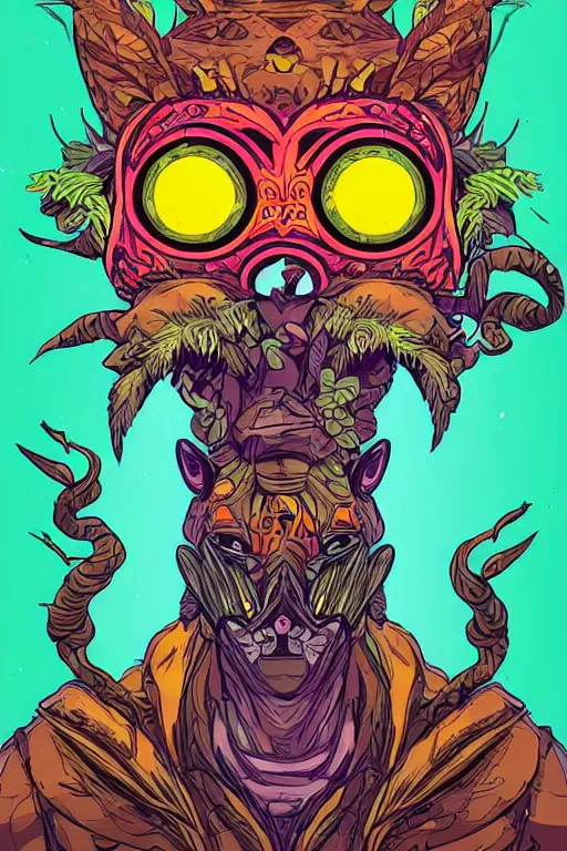 Image similar to animal mask totem roots flower tribal feather gemstone plant wood rock shaman vodoo video game vector cutout illustration vivid multicolor borderlands comics by josan gonzales and dan mumford radiating a glowing aura