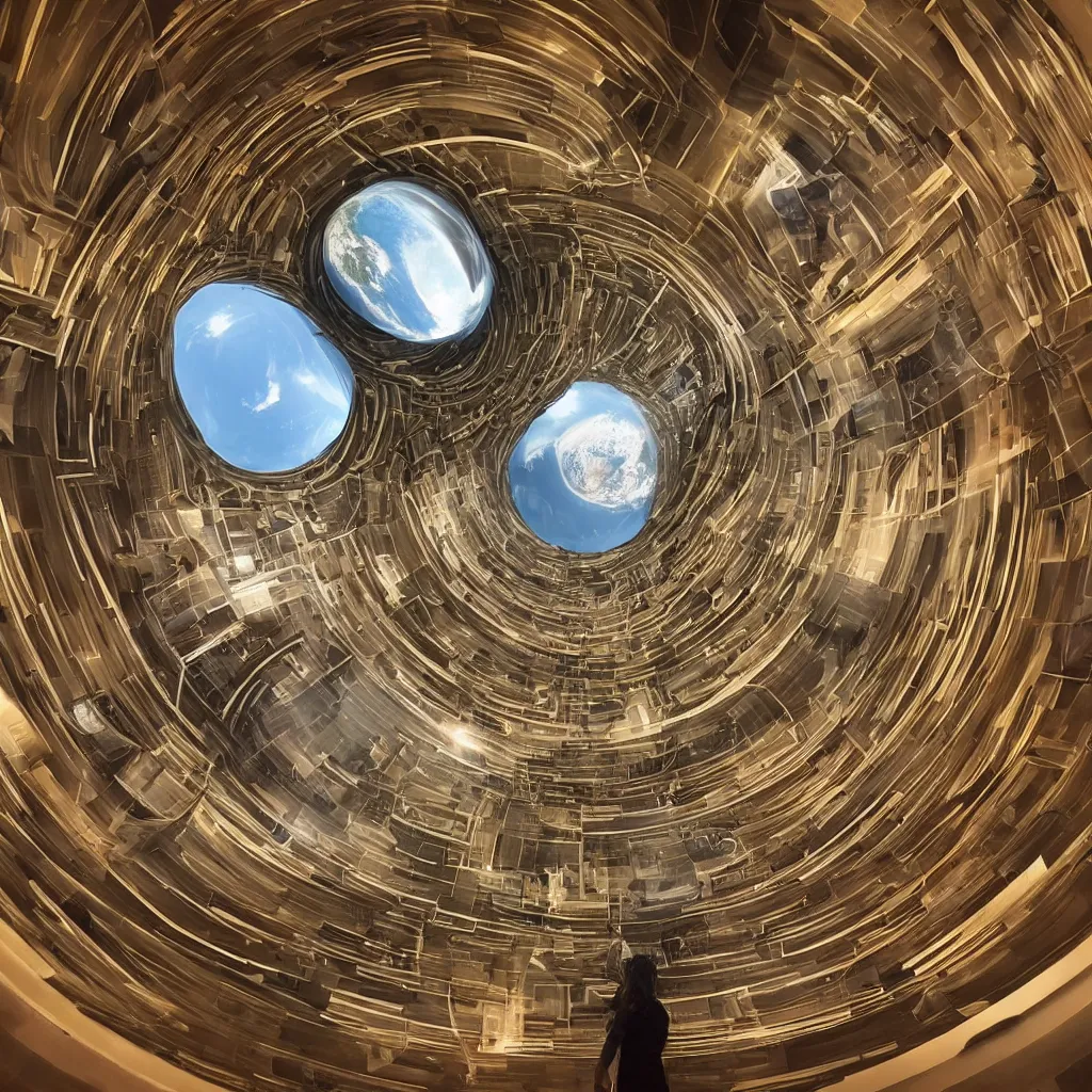 Prompt: “ humans standing inside of a sphere that has a spiral golden stair case and horizontal windows with a view to planet earth, highly detailed in 4 k ”