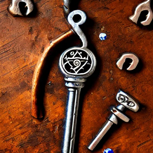 Image similar to a large ornate key with gems and engraved runes, on a rough wooden dungeon table, very little light, candlelit, d & d, underexposed macro photo