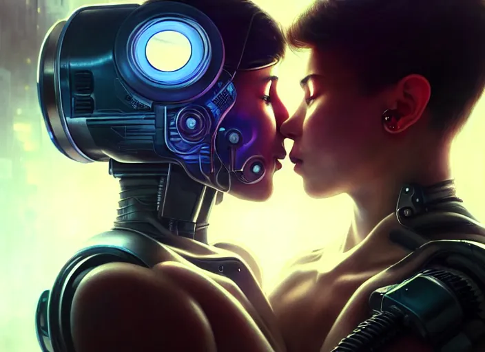 Prompt: ultra realistic medium shot of a couple of cyborgs kissing, lovers, cyberpunk, sci - fi, kodak, faces, colour led, soft light, volumetric lighting, fog, rays, night, intricate detailed, digital painting, concept art, smooth, sharp focus, illustration, art by artgerm and greg rutkowski and alphonse mucha