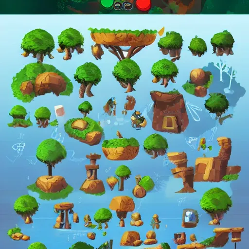 Prompt: A game assets spritesheet fromori and the blind forest, Rayman legends and iconoclasts . HD vector Containing modular props, terrain, trees, 2d side view, platform, vector art, very detailed