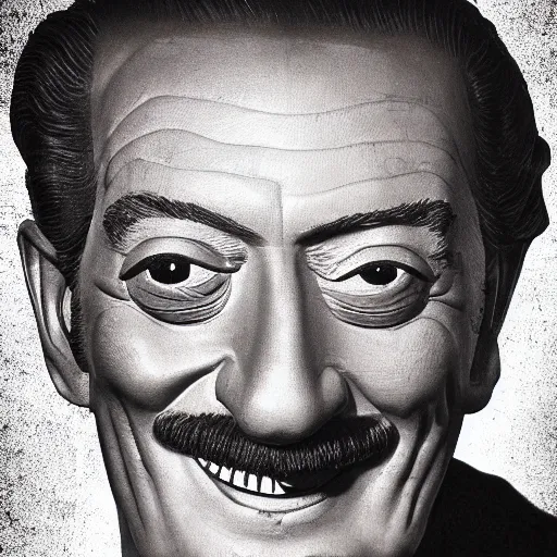 Image similar to a closeup photorealistic photograph of smiling salvador dali at trader vic's bar sitting next to a trader vic's style tiki mug featuring the face of salvador dali. tiki culture. bright scene. 4 k hd image that's trending on artstation, featured on behance, well rendered, extra crisp, features epic composition and the style of unreal engine.