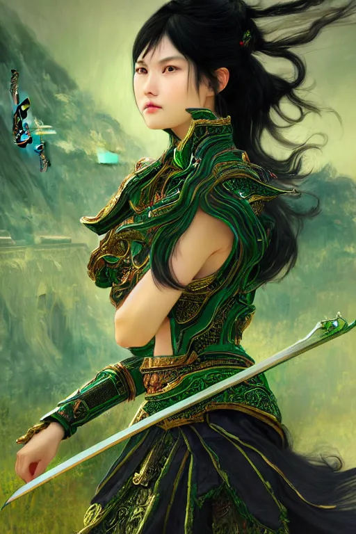 Prompt: portrait black hair young knights of Dynasty Warriors girl, metallic green armor, in ruin fire chinese palace sunrise, ssci-fi and fantasy, intricate and very beautiful and elegant, highly detailed, digital painting, soft light, artstation, concept art, smooth and sharp focus, illustration, art by tian zi and WLOP and alphonse mucha