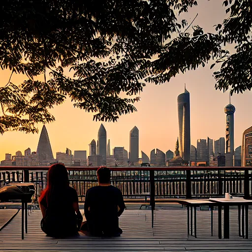 Image similar to a small rooftop with a couple of people sitting and watching the view, wearing black modern clothes, modern shanghai bund is on the background, sunset, by gregory crewdson