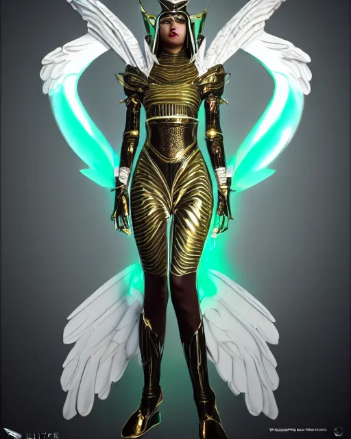 Image similar to sultry egyptian queen wearing white dove wings, warframe armor, regal, attractive, ornate, sultry, elize theron, pretty face, green eyes, scifi platform, 4 k, ultra realistic, epic lighting, illuminated, cinematic, black gold, art by akihito tsukushi, voidstar