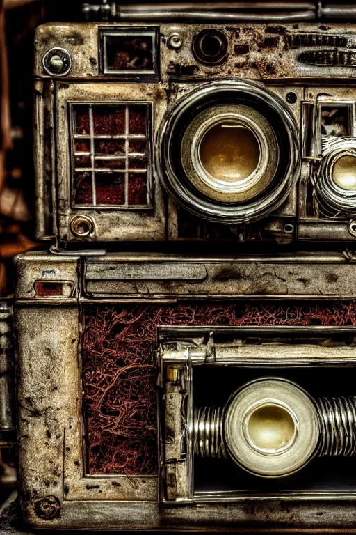 Image similar to A photo of a very old opened camera with film, vacuum tubes, capacitors and coils inside by Annie Lebovitz and Steve McCurry, grungy, weathered Ultra detailed, hyper realistic, 4k